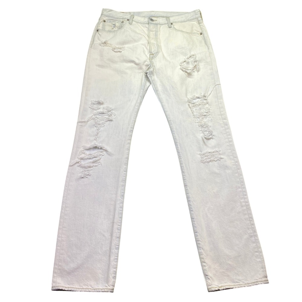 Levis 501 Original Fit Distressed Jeans Off White Cream Sz 34 Preppy - Stained